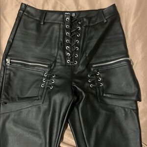Black Lace-Up Leather Pants